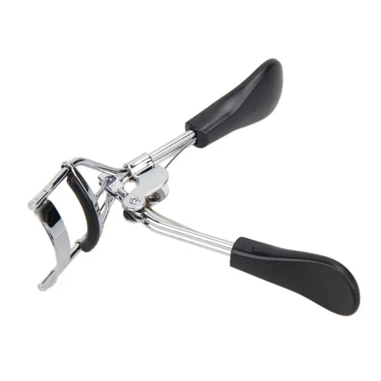 Eyelash curler with black handles on a white background