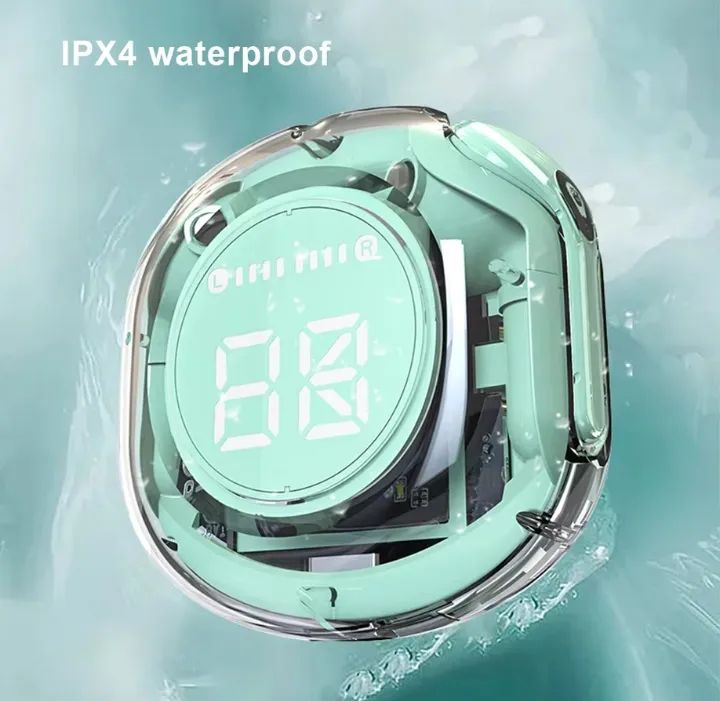 Mint green digital watch with water splashes and 'IPX4 waterproof' text on a light blue background