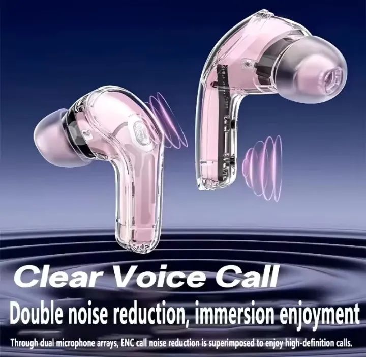 Pink wireless earbuds with clear casing on a dark blue background, featuring text about clear voice calls and noise reduction.