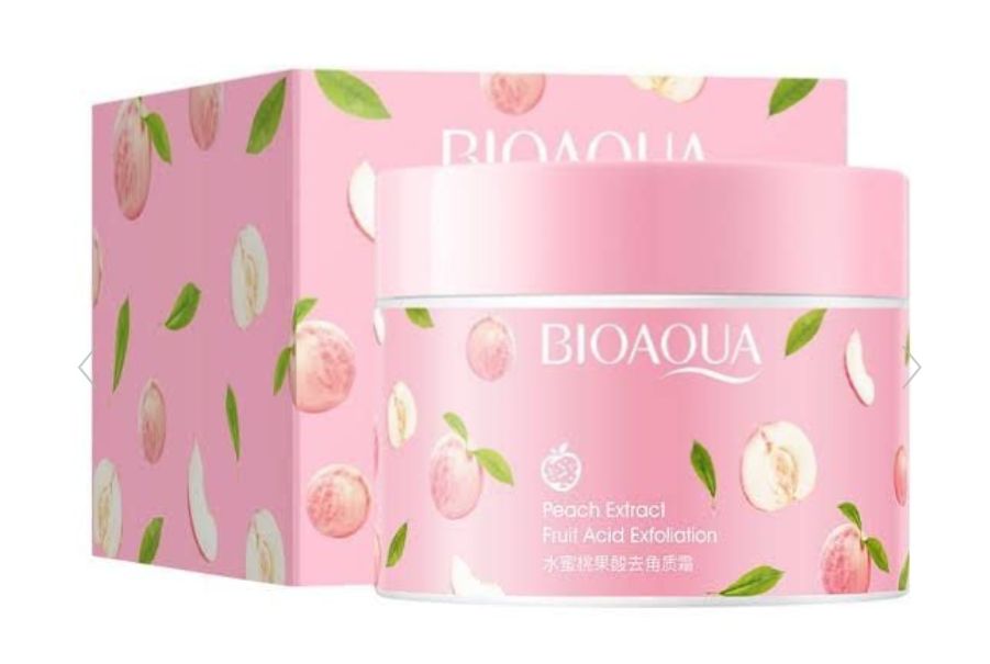 Close-up of BIOAQUA peach cream texture and packaging