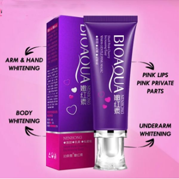 BIOAQUA skincare product with packaging on a pink background
