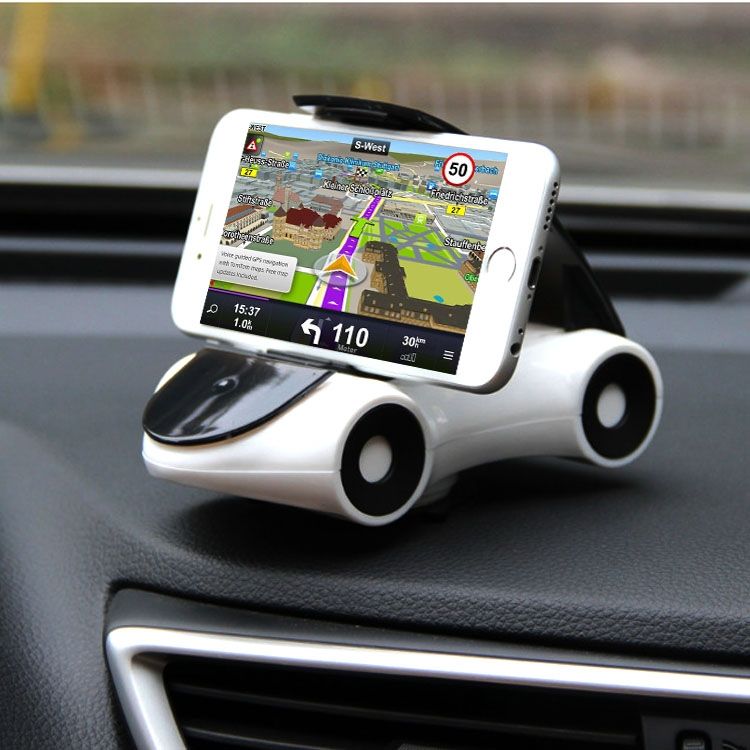 Sports car shape phone holder mounted on a car dashboard with a phone