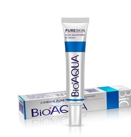 Close-up of BIOAQUA acne cream texture and packaging