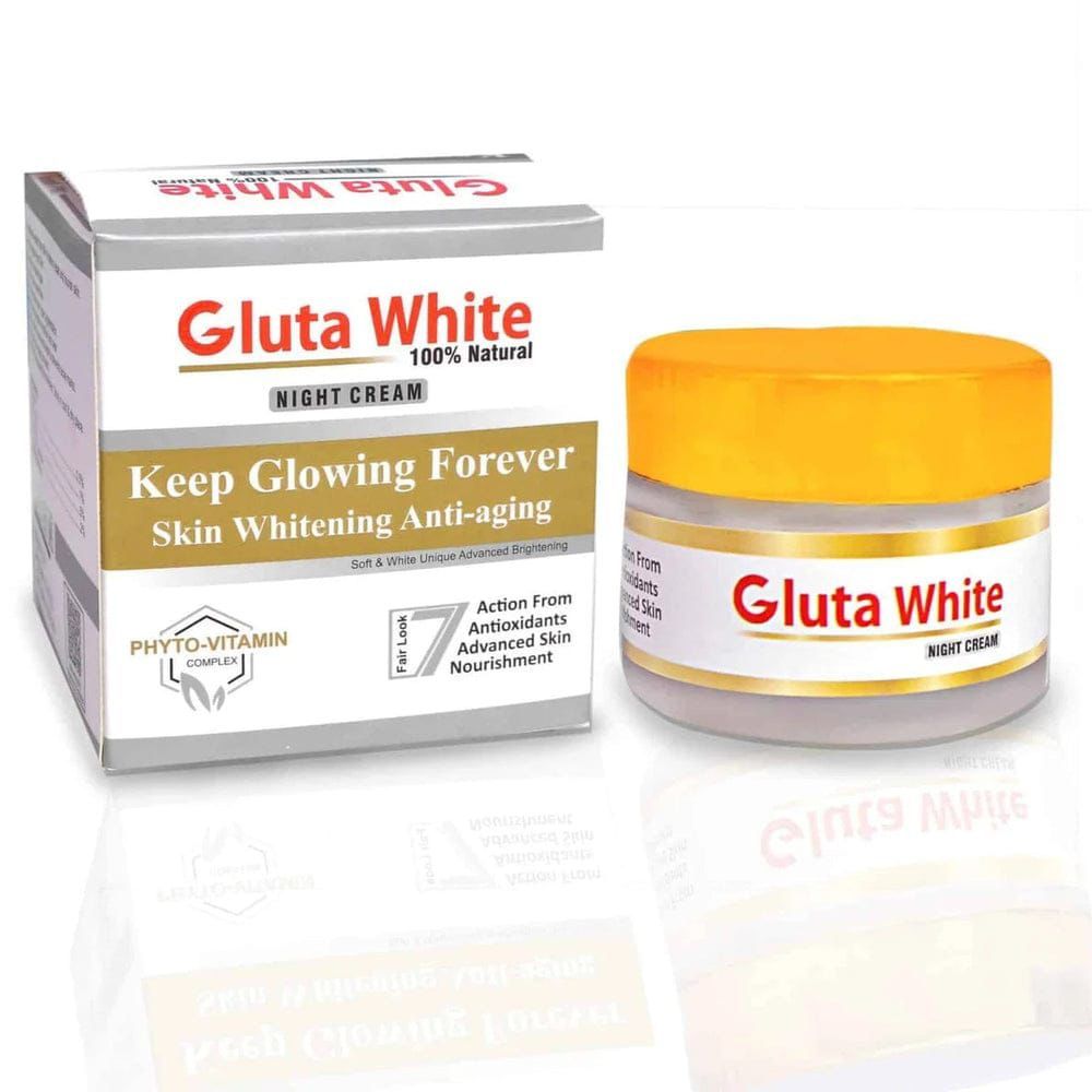 Gluta White skin whitening anti-aging night cream with packaging on a white background