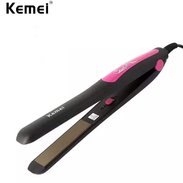 Black and pink hair straightener with Kemei branding on a white background