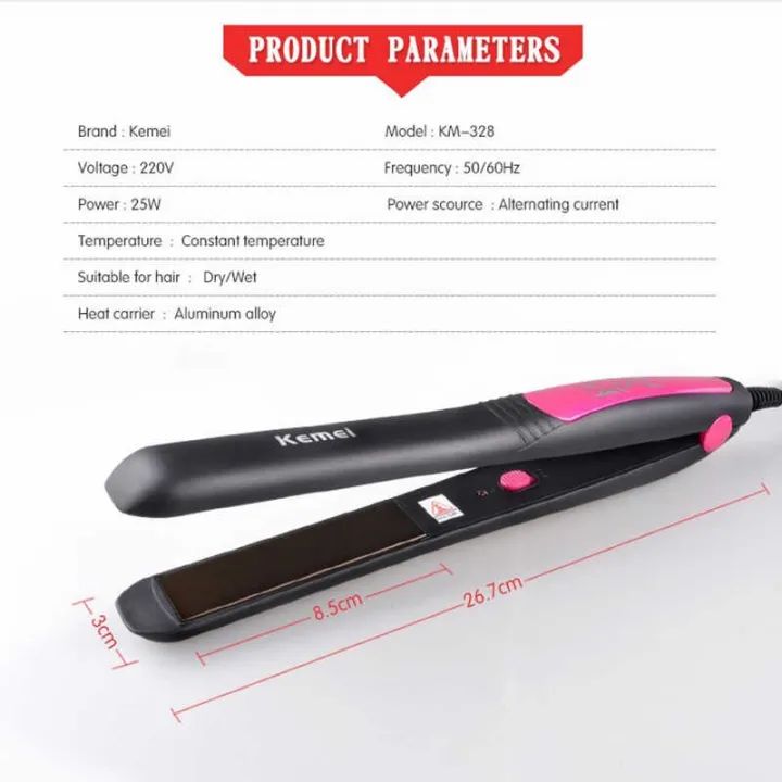 Hair straightener with Kemei branding and product parameters on a white background