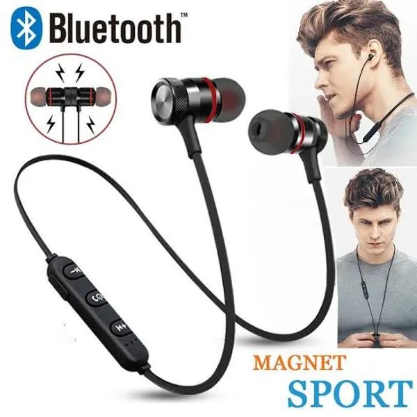 Magnetic Bluetooth neckband earphones worn around a person's neck