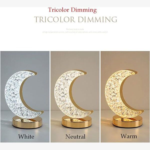 Moon lamp showing the three different color modes: white, warm white, yellow