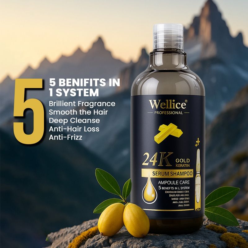 Wellice 24K Gold Serum Shampoo bottle with mountain background
