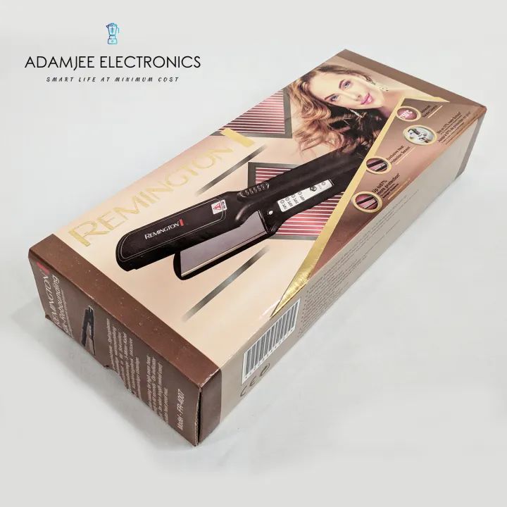 Woman using Remington straightener on long hair box pack