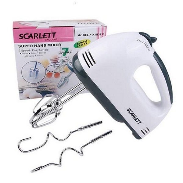 Scarlett Hand Mixer - 7 Speed Egg Beater with Chrome Beater + Dough Hook (White, 180W)