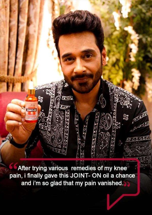 Faisal Qureshi holding a bottle of 'JOINT-ON' oil with a text overlay about pain relief.