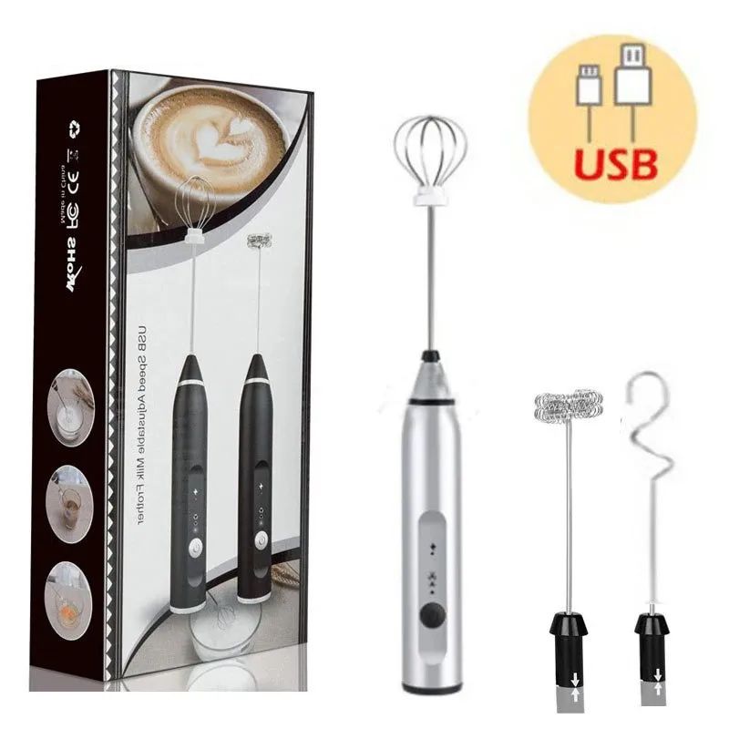 USB rechargeable handheld milk frother and whisk on a kitchen counter